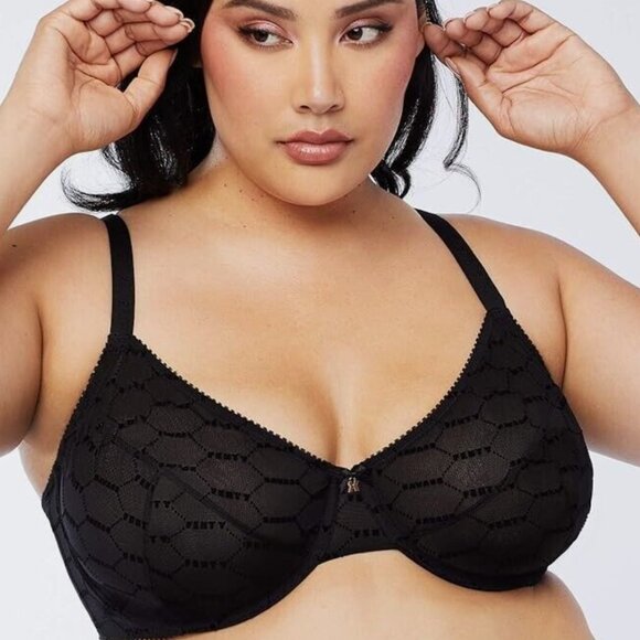 Savage X Fenty 44 DDD Demi Bra Black Flocked Logo Unlined Underwire Sheer Sexy